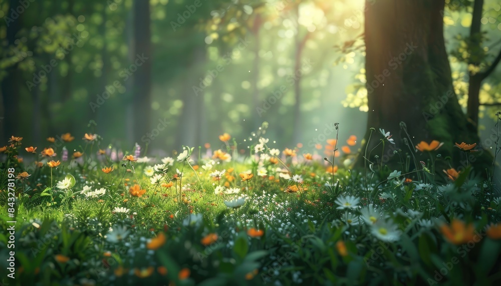 Natural dorest of woods with sunbeams through fog and leaves branch create mystic atmosphere. sunny morning in green forest Natural dorest of woods with sunbeams through fog and leaves branch create mystic atmosphere. sunny morning in green forest