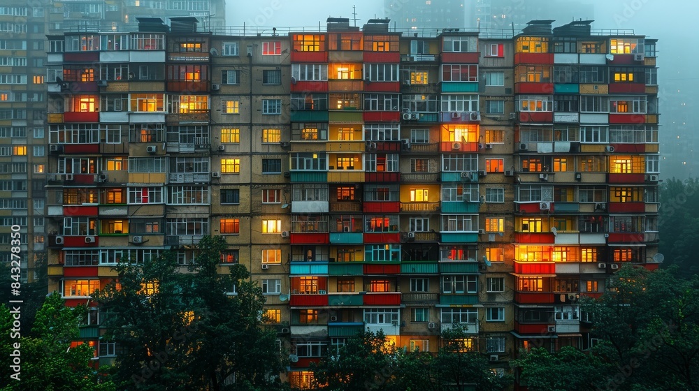 Brightly colored city buildings with lights on. Brightly colored city buildings with lights on.