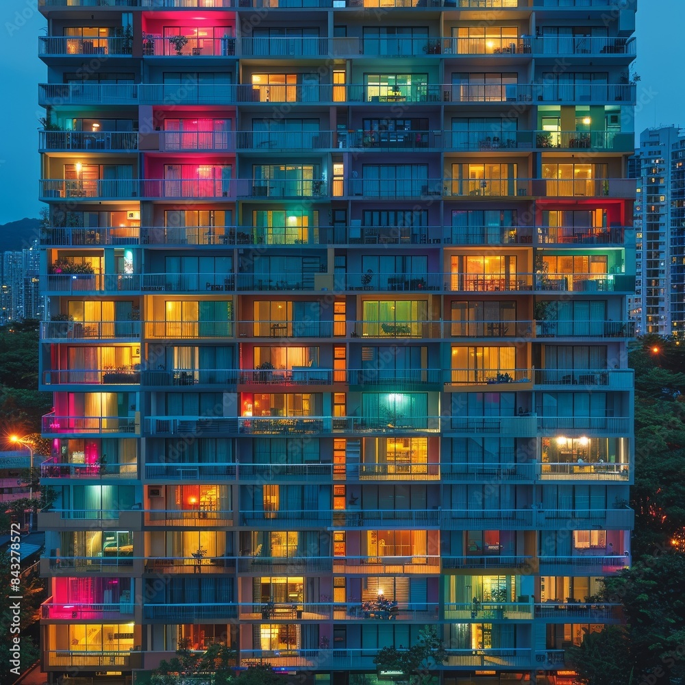 Brightly colored city buildings with lights on. Brightly colored city buildings with lights on.