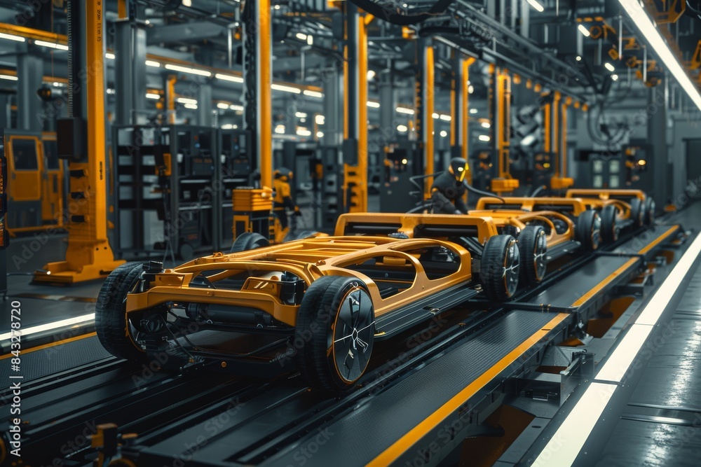 A car is being built in a factory. The car is orange and has a lot of wheels A car is being built in a factory. The car is orange and has a lot of wheels