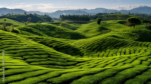 Scenic view of lush green tea plantations with rolling hills and distant mountains under a blue sky.