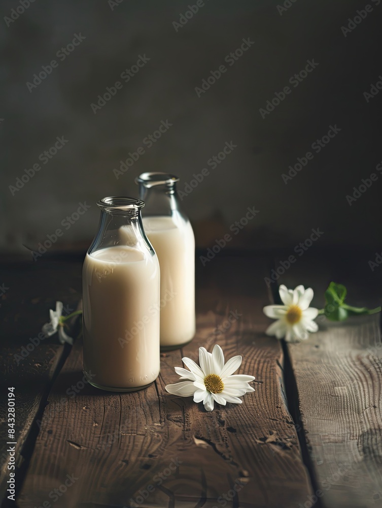 Close up of two glass bottles with milk on a wooden table Close up of two glass bottles with milk on a wooden table