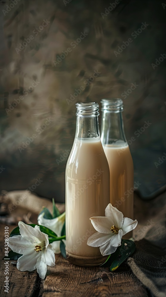 Close up of two glass bottles with milk on a wooden table Close up of two glass bottles with milk on a wooden table