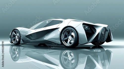 A futuristic car with a sleek design and a shiny silver color. The car is parked in front of a wall, and its reflection can be seen in the mirror. The car's design is modern and stylish