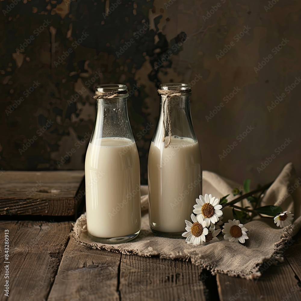 Close up of two glass bottles with milk on a wooden table against a dark background Close up of two glass bottles with milk on a wooden table against a dark background