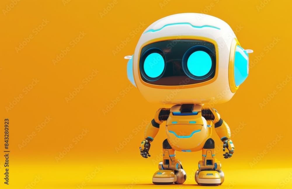 A charming robot, set against a bright yellow backdrop, points towards an object, creating a visually appealing and dynamic composition. A charming robot, set against a bright yellow backdrop, points towards an object, creating a visually appealing and dynamic composition.