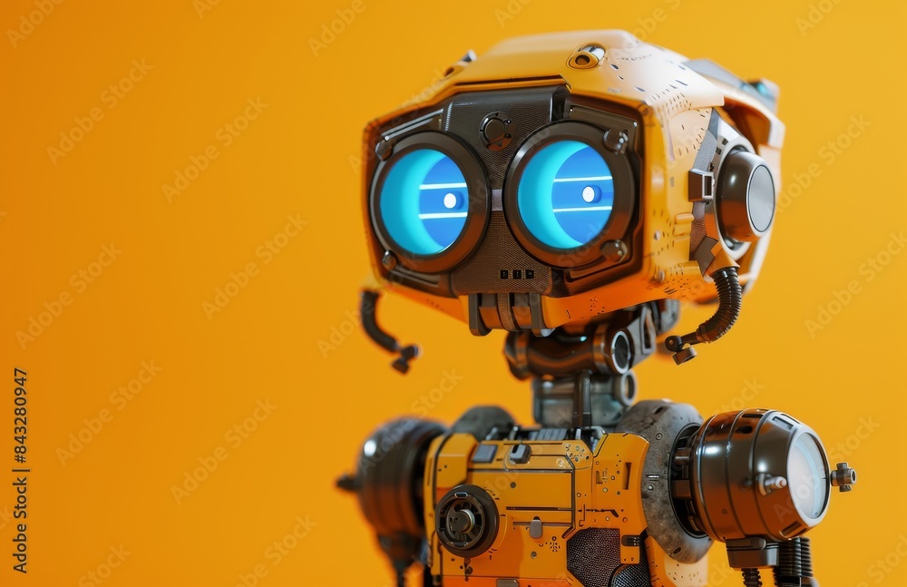 A charming robot, set against a bright yellow backdrop, points towards an object, creating a visually appealing and dynamic composition. A charming robot, set against a bright yellow backdrop, points towards an object, creating a visually appealing and dynamic composition.