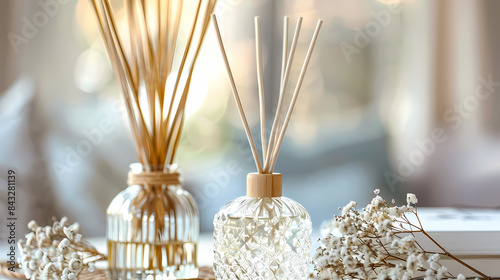 Home fragrance aroma diffuser with rattan sticks with a glass bottle, aroma reed diffuser home fragrance with rattan sticks on a light background © AY AGENCY