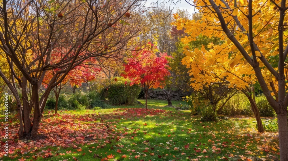 Fototapeta premium Autumnal garden featuring apricot trees with red and yellow foliage