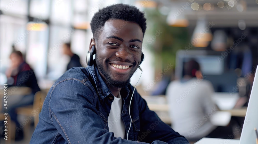 Obraz premium Smiling Young Man with Headphones in a Modern Workspace