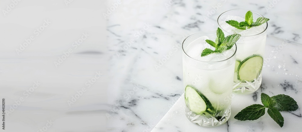 Gin and tonic fizz with cucumber mint and aloe vera on a marble table, alongside a Dragon Tail cocktail for party fans. Ample space available for copying. Gin and tonic fizz with cucumber mint and aloe vera on a marble table, alongside a Dragon Tail cocktail for party fans. Ample space available for copying.