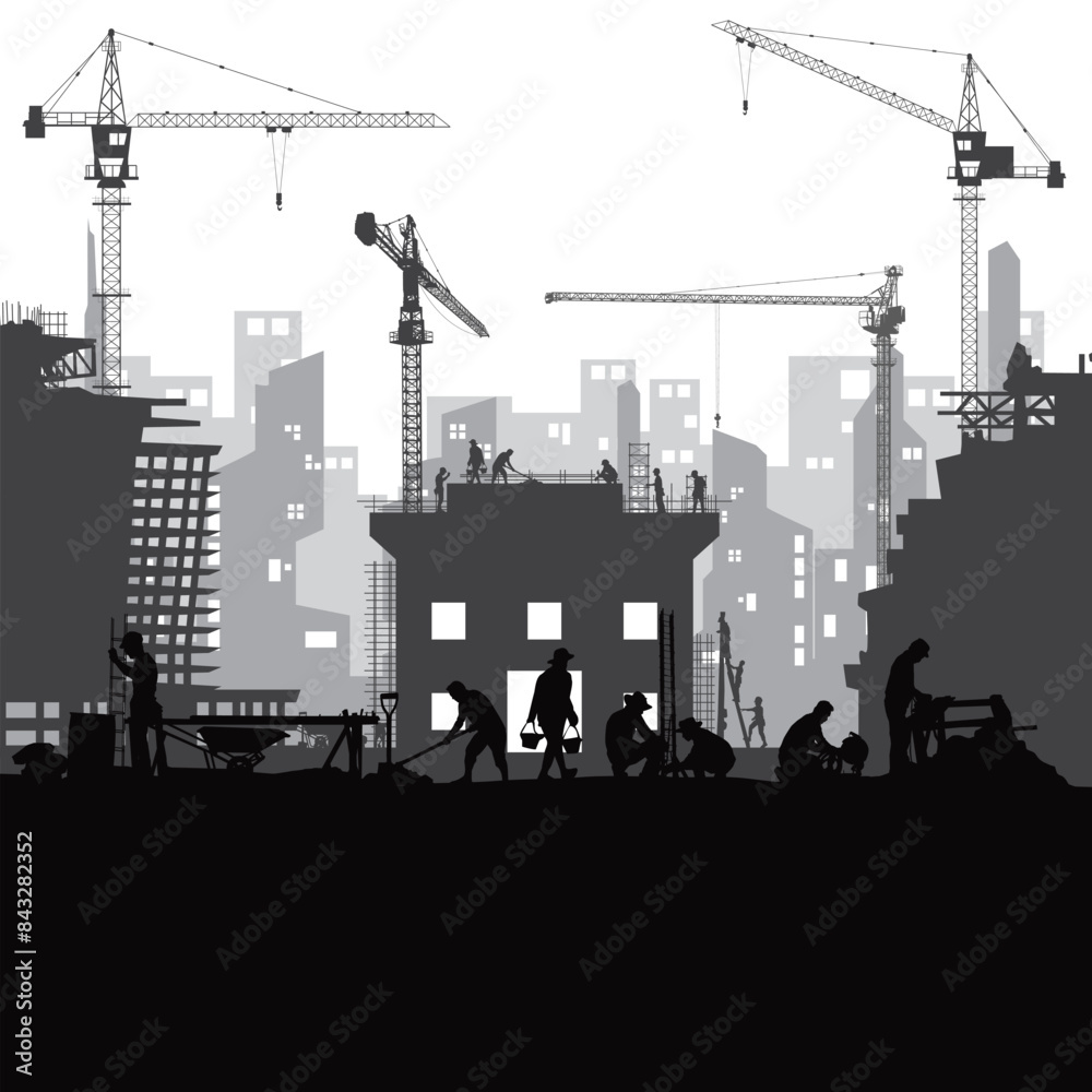 Obraz premium Construction vector background, Worker in a building site, Labor day background.
