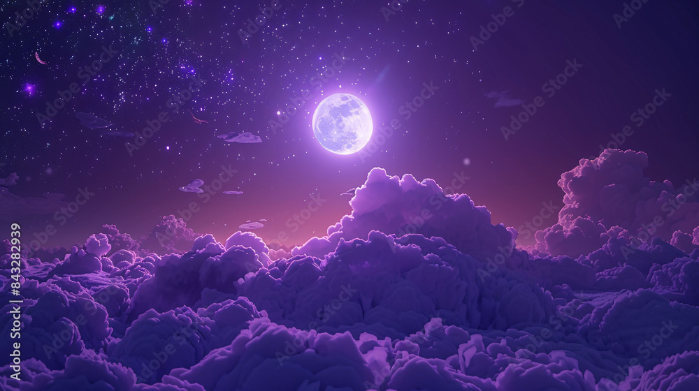 Fototapeta premium Dark blue night dreamy moon sky clouds, beautiful healing illustration