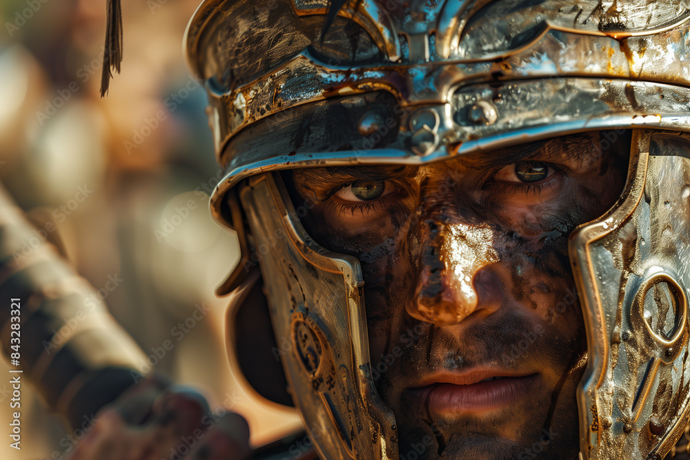 Obraz premium A highly detailed image of a rugged Roman gladiator with intense eyes, showcasing a weathered helmet with intricate designs, under the harsh sunlight revealing sweat and grime