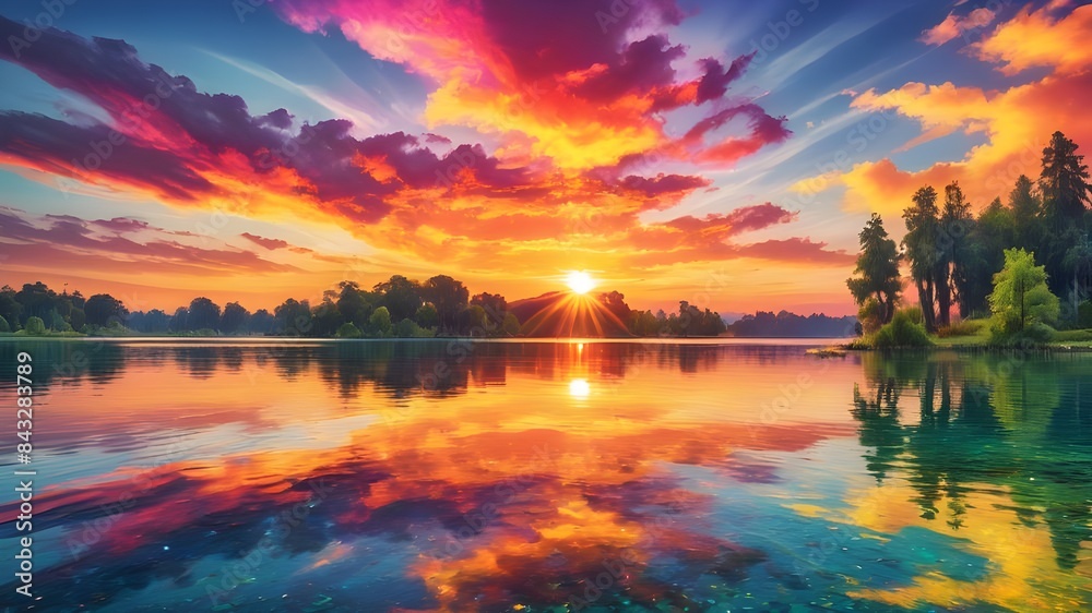 An image of a vibrant sunset over a serene lake, with colorful reflections shimmering on the water An image of a vibrant sunset over a serene lake, with colorful reflections shimmering on the water