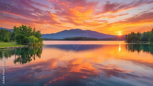 An image of a vibrant sunset over a serene lake, with colorful reflections shimmering on the water