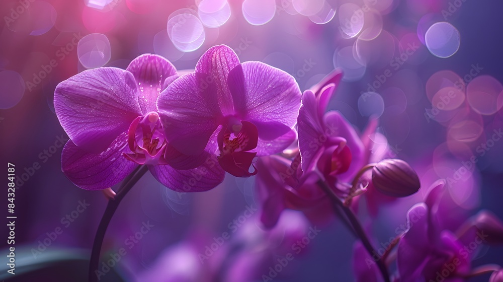 A purple orchid on a purple background with blurred additional orchids. A purple orchid on a purple background with blurred additional orchids.