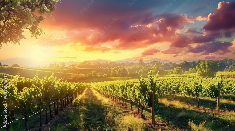 Naklejka premium Vineyard Sunset with Rows of Grapevines