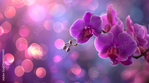 A purple orchid on a purple background with blurred additional orchids.