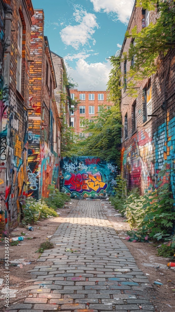 Fototapeta premium An old brick wall in a city covered with layers of graffiti and street art. 