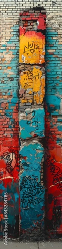 An old brick wall in a city covered with layers of graffiti and street art. 