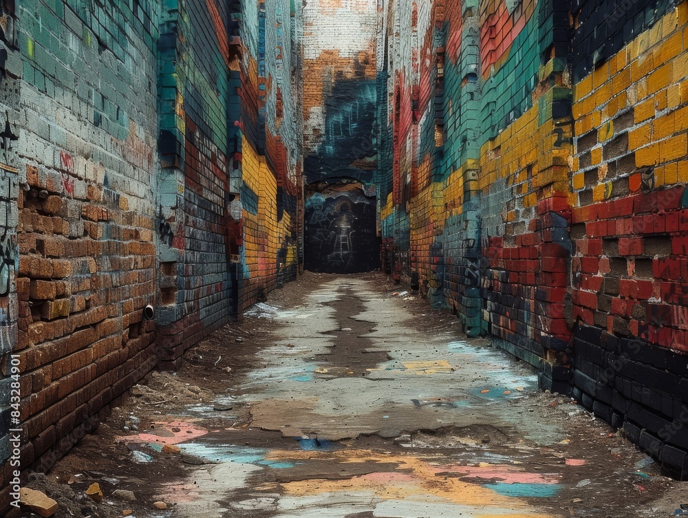 Fototapeta premium An old brick wall in a city covered with layers of graffiti and street art.