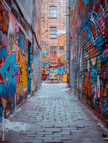An old brick wall in a city covered with layers of graffiti and street art.  © Elle Arden 