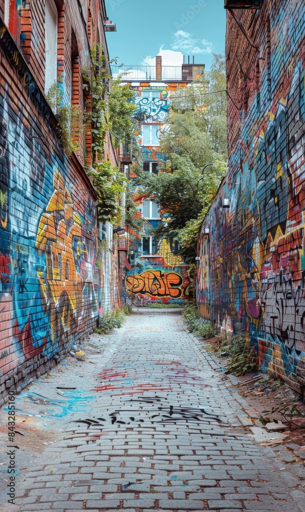 Fototapeta premium An old brick wall in a city covered with layers of graffiti and street art.