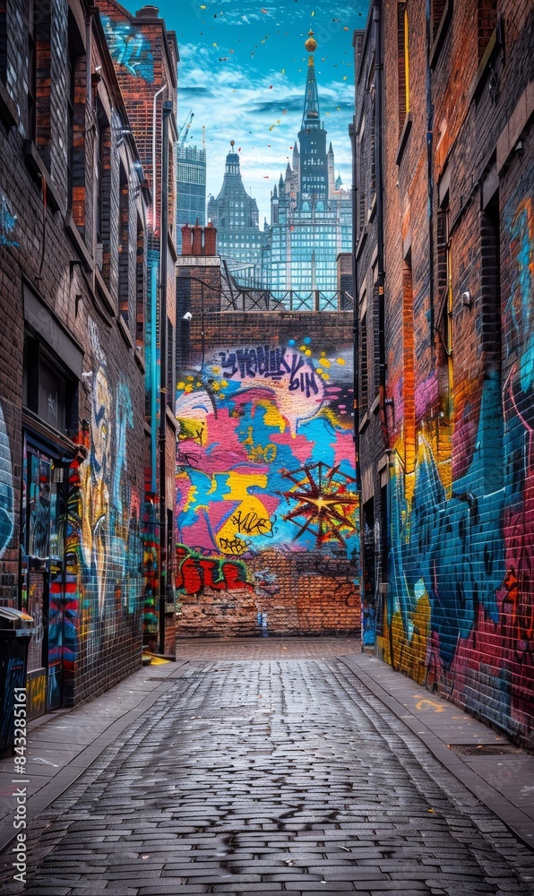 Fototapeta premium An old brick wall in a city covered with layers of graffiti and street art. 