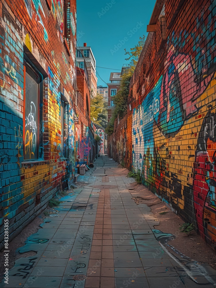 Fototapeta premium An old brick wall in a city covered with layers of graffiti and street art. 