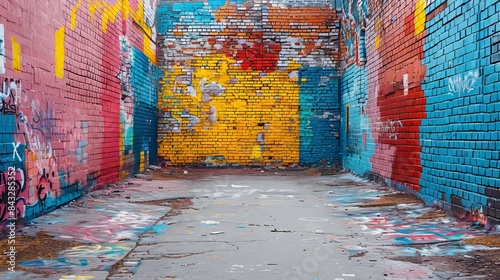 An old brick wall in a city covered with layers of graffiti and street art. 