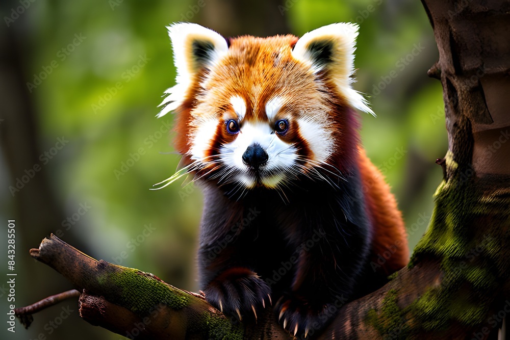 A red panda perched on a tree branch, showcasing its vibrant red fur and adorable appearance. A red panda perched on a tree branch, showcasing its vibrant red fur and adorable appearance.