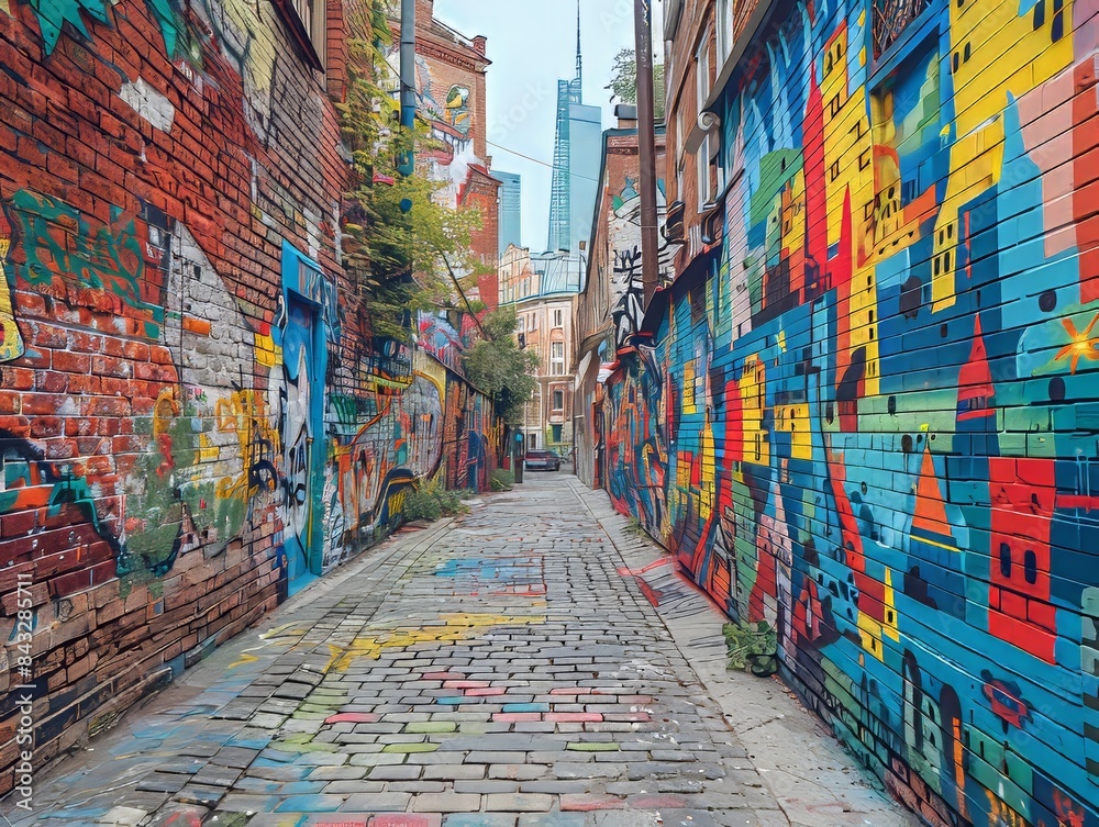 Fototapeta premium An old brick wall in a city covered with layers of graffiti and street art. 