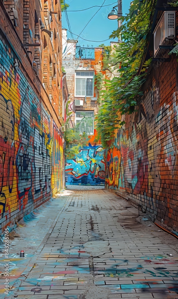 Fototapeta premium An old brick wall in a city covered with layers of graffiti and street art. 