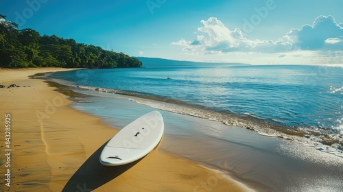 A surfboard rests on the sandy beach, overlooking the azure waters of the ocean under a clouddotted sky in this picturesque natural landscape AIG50 photo