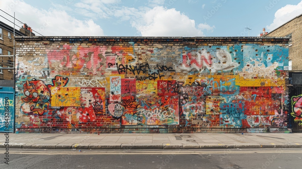 Naklejka premium An old brick wall in a city covered with layers of graffiti and street art. 