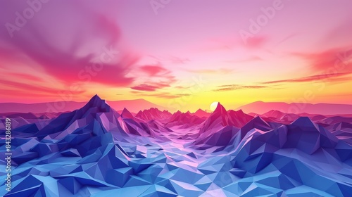 Abstract background landscape with mountain with vibrant sunset view. Colorful sunset over a mountain range. Colors range from deep blue in lighter shades of blue and purple further back. AIG42. © Summit Art Creations