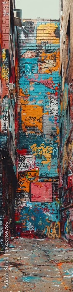 Fototapeta premium An old brick wall in a city covered with layers of graffiti and street art. 
