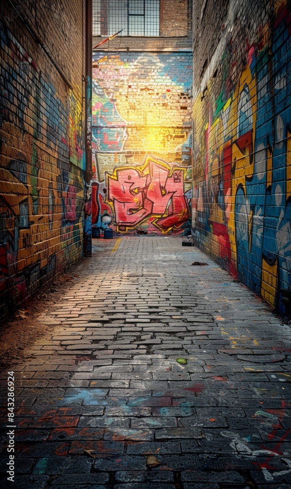 Fototapeta premium An old brick wall in a city covered with layers of graffiti and street art. 