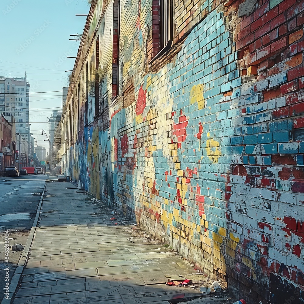 Fototapeta premium An old brick wall in a city covered with layers of graffiti and street art. 