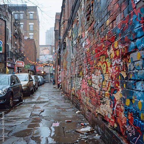 An old brick wall in a city covered with layers of graffiti and street art.  © Elle Arden 