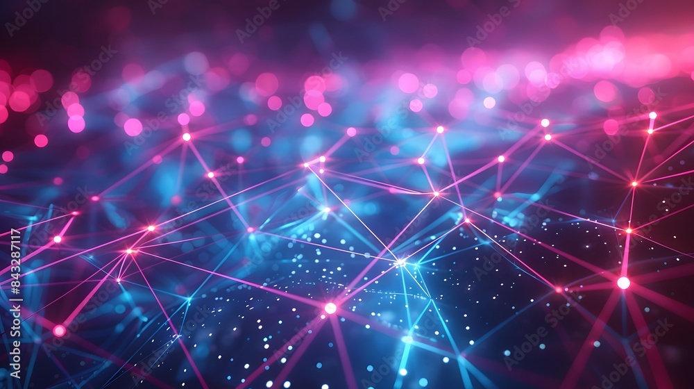 Abstract digital background featuring interconnected lines and nodes with pulsating neon lights, symbolizing network connectivity and data flow. Abstract digital background featuring interconnected lines and nodes with pulsating neon lights, symbolizing network connectivity and data flow.