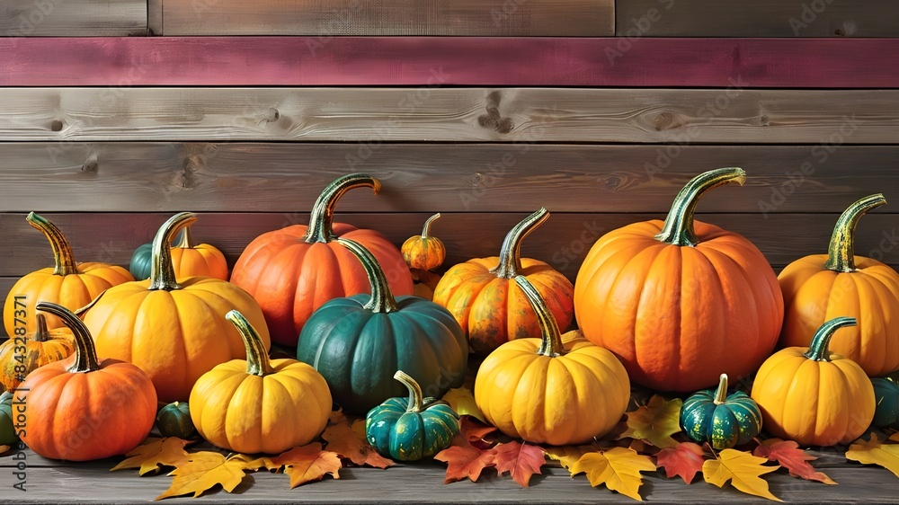 A colorful display of pumpkins, pumpkins and leaves sitting in a row on wooden background. Space for text. A colorful display of pumpkins, pumpkins and leaves sitting in a row on wooden background. Space for text.