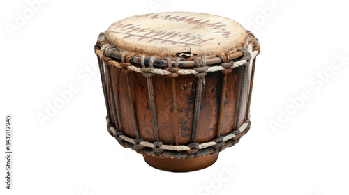 A large wooden drum with a white top sits on a white background photo