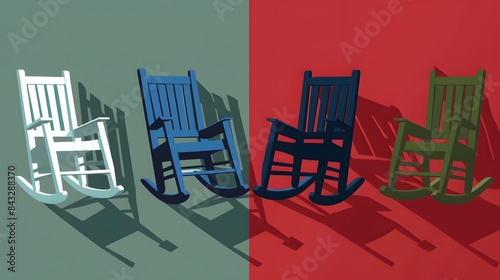 Rocking chair set. Old age single icon in flat style vector. Flat Illustration on red  green  blue and gray background.