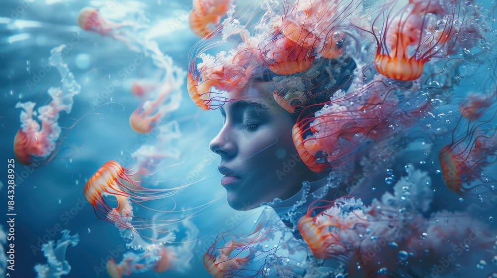 A woman is surrounded by jellyfish in a blue ocean A woman is surrounded by jellyfish in a blue ocean