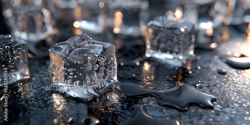 Melting ice cubes with droplets of water on a marrow background .High angle ice cubes arrangement