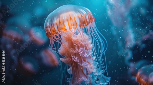 A jellyfish is floating in the ocean with other jellyfish in the background