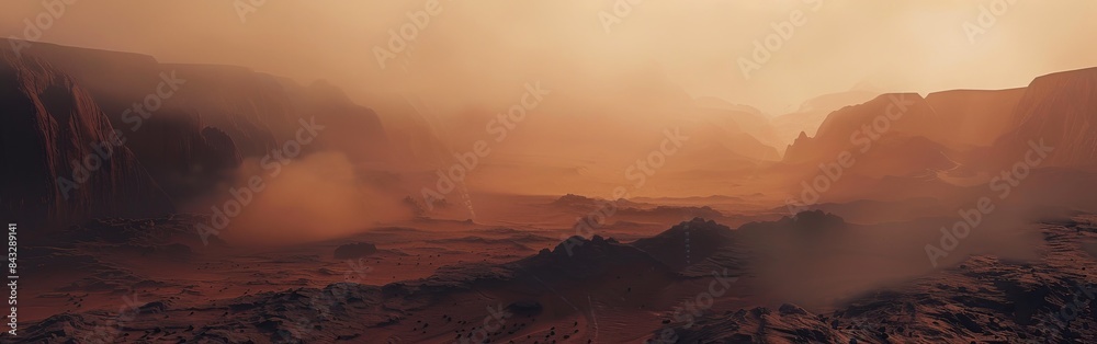 Naklejka premium Martian surface, dense fog, desolate desert, reddish rocks, mysterious atmosphere, low visibility