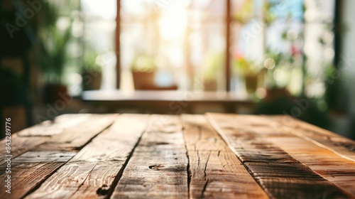 The close up picture of the empty table that has been made from the wood material and placed inside the bright office, an office is designated space within a building where work is performed. AIGX02.